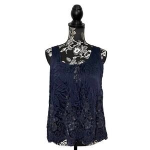 Marina Gigli Navy Blue Sleeveless Sequin Flowy Blouse Lace Floral Italy Small